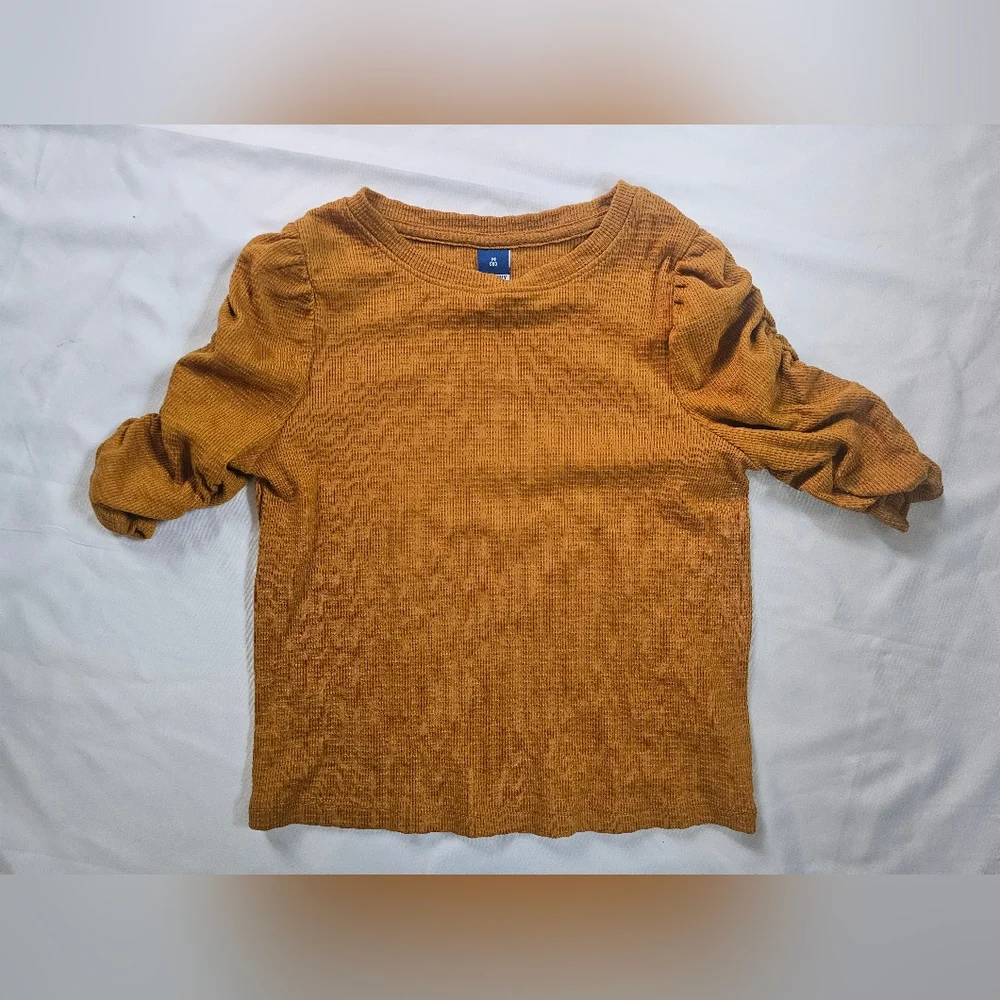 Old Navy Mustard Yellow Ruched 3/4 Puff-Sleeve Textured-Knit Top- M (8) - Picture 3 of 6